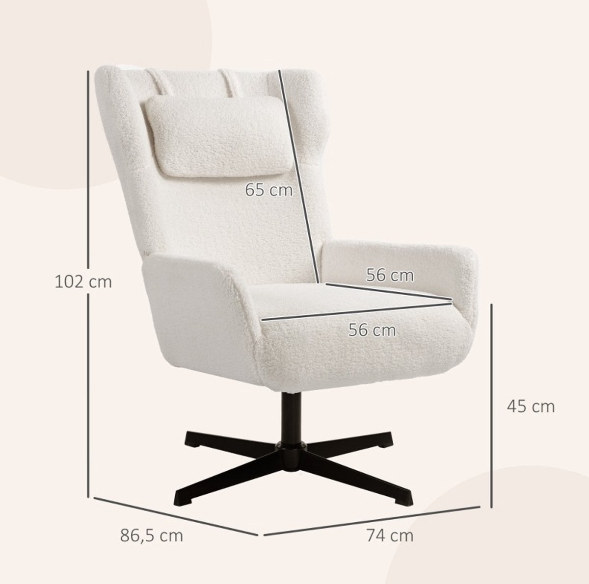 MEUNIQ draaibare fauteuil met armleuningen en hoge rugleuning, Sherpa fleece stof, metalen draaivoet, 74 x 86,5 x 102 cm, crème, woonkamer