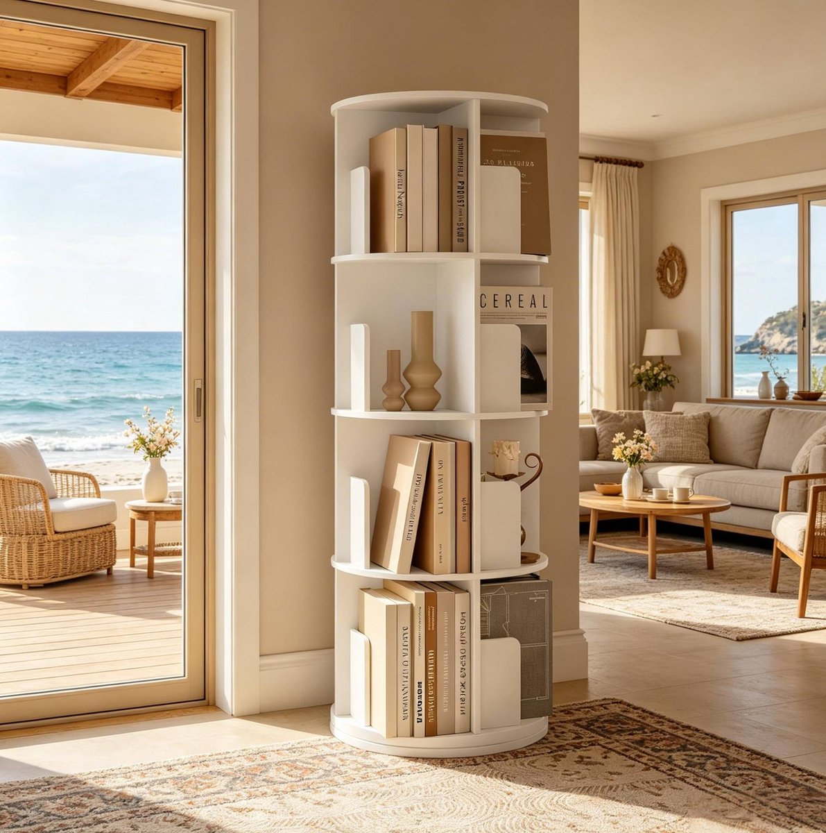 HAUSS SPOLE Boekenkast - Draaibaar Open Hoekrek Met 16 Vakken - Voor Woonkamer, Slaapkamer En Studeerkamer - Hout - 44x44x126 Cm - Wit
