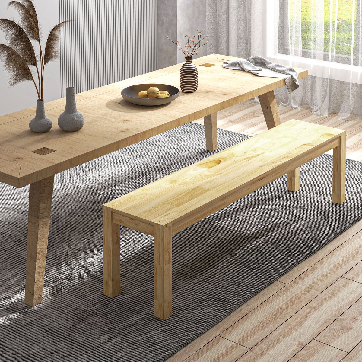 MEUNIQ eetbank 150 x 33 x 45 cm van grenenhout voor 3 personen, houten bank met anti-slip voetpads, zitbank voor keuken, eetkamer of hal, naturel Naturel hout