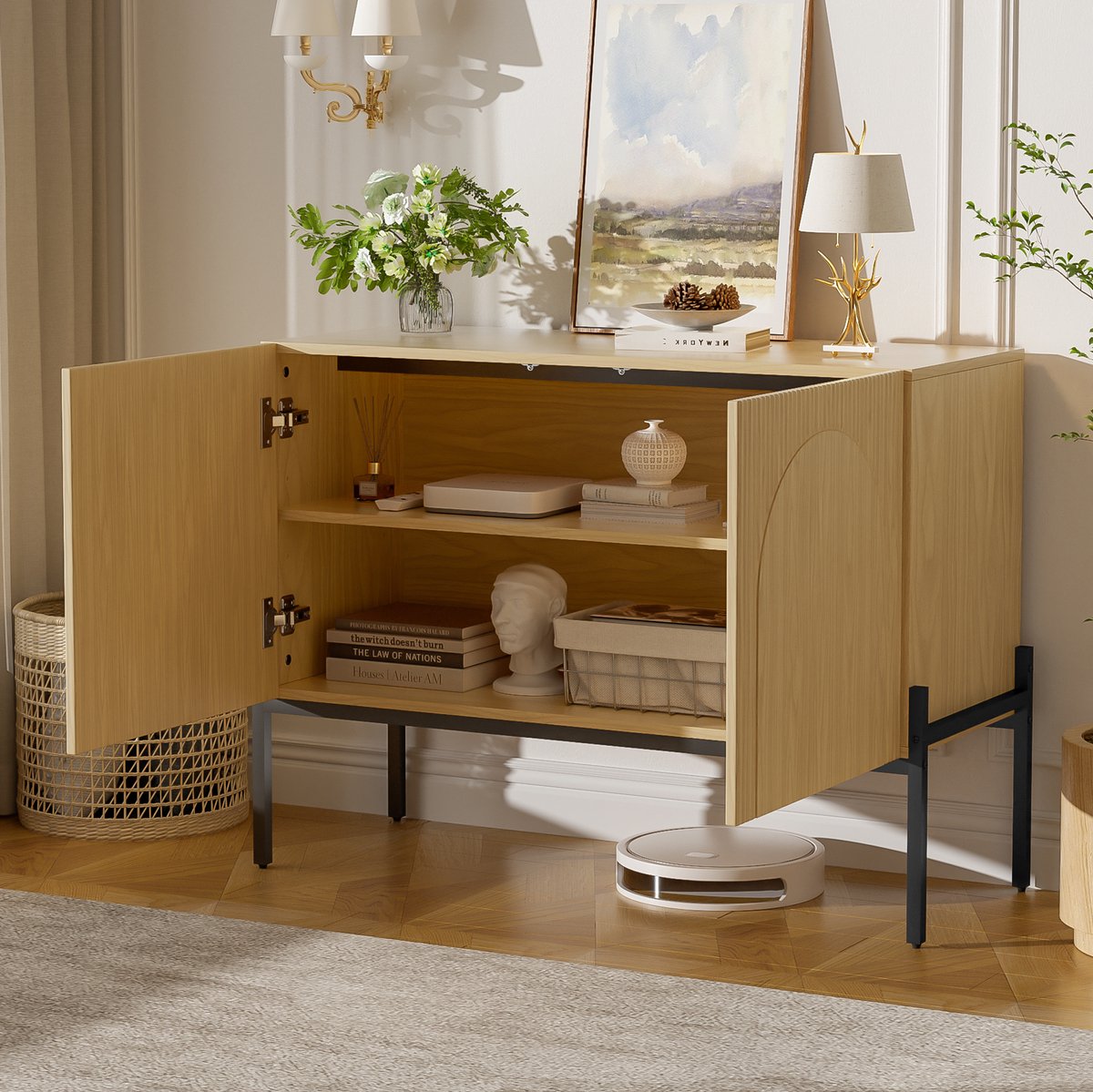 Wishdor - Dressoir - Boogdesign - 2 deuren en plank - Modern minimalistisch - Woonkamer of eetkamer - Houtlook - Naturel - 100 x 40 x 75 cm