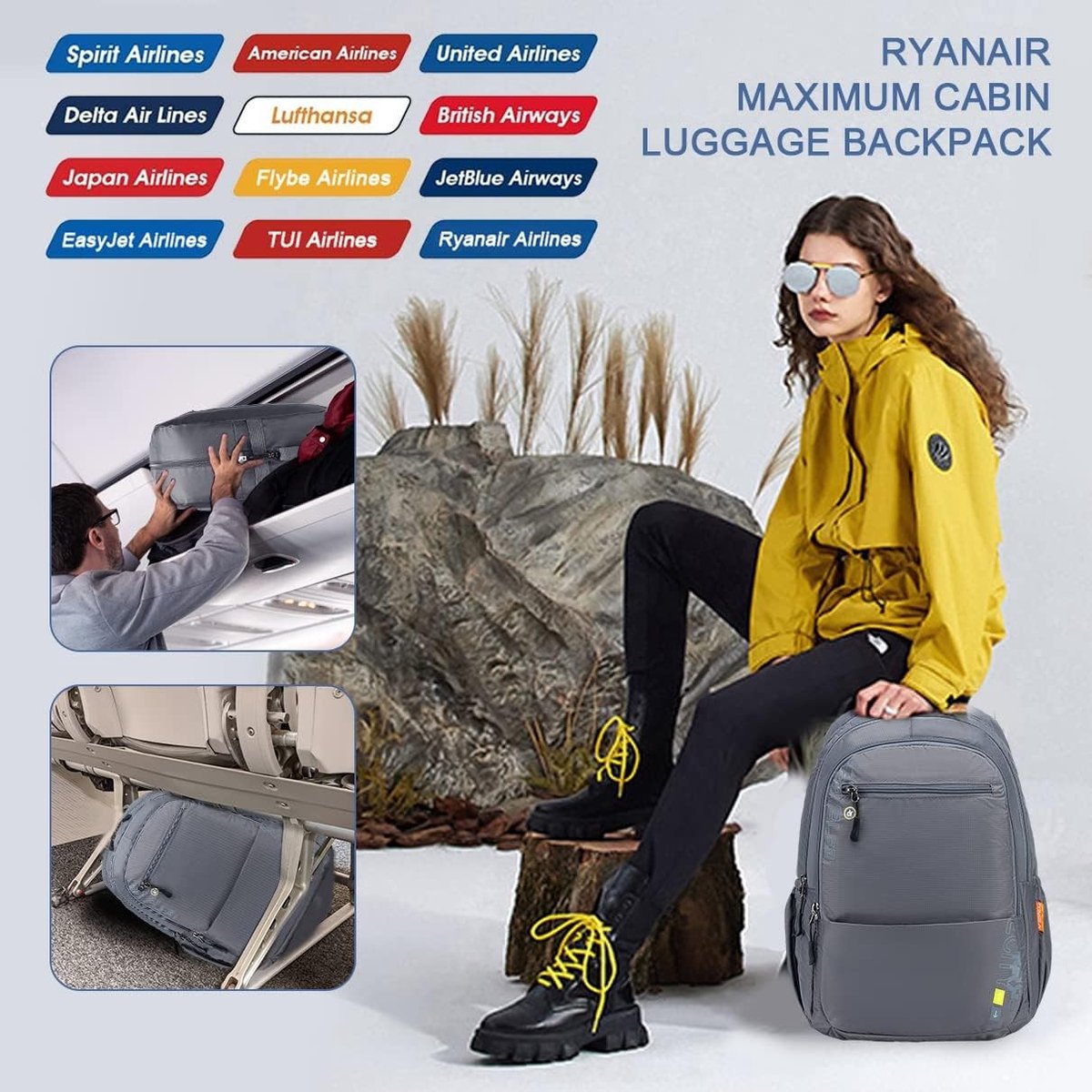 Lichte en ruime reistas voor cabinegebruik, laptoprugzak voor Ryanair, 40x20x25 cm, ideaal voor outdoor en hiking, 24L voor mannen en vrouwen