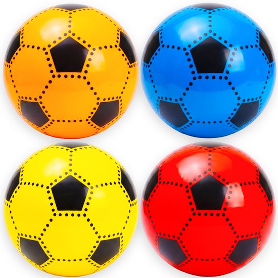 Quatre ballons : orange, bleu, jaune et rouge, avec des motifs noirs.