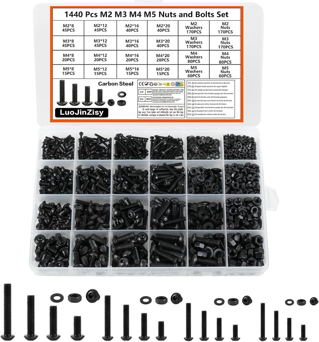 Schroeven set 1440pcs M2 M3 M4 M5 - Hoogwaardige carbon staal - Rond en hexagonaal - Ideaal voor metaalbewerking - ShopVlot