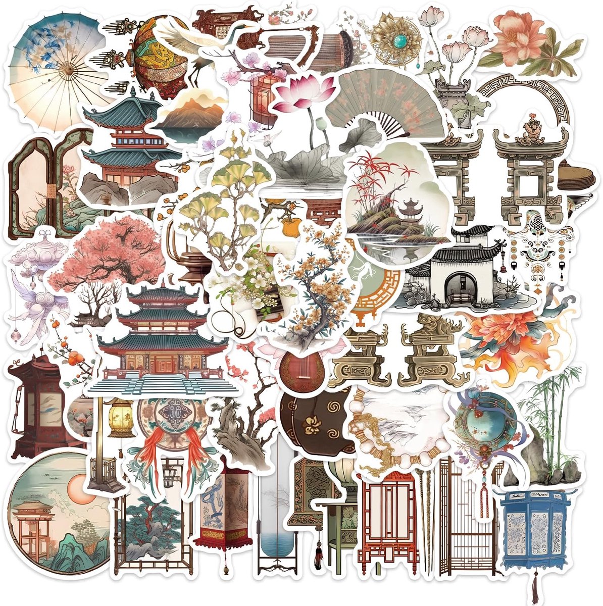 Stickers 50 Oude Chinese Stijl - Waterdicht Vinyl - Eco-vriendelijk - Perfect voor Reisbagage - ShopVlot