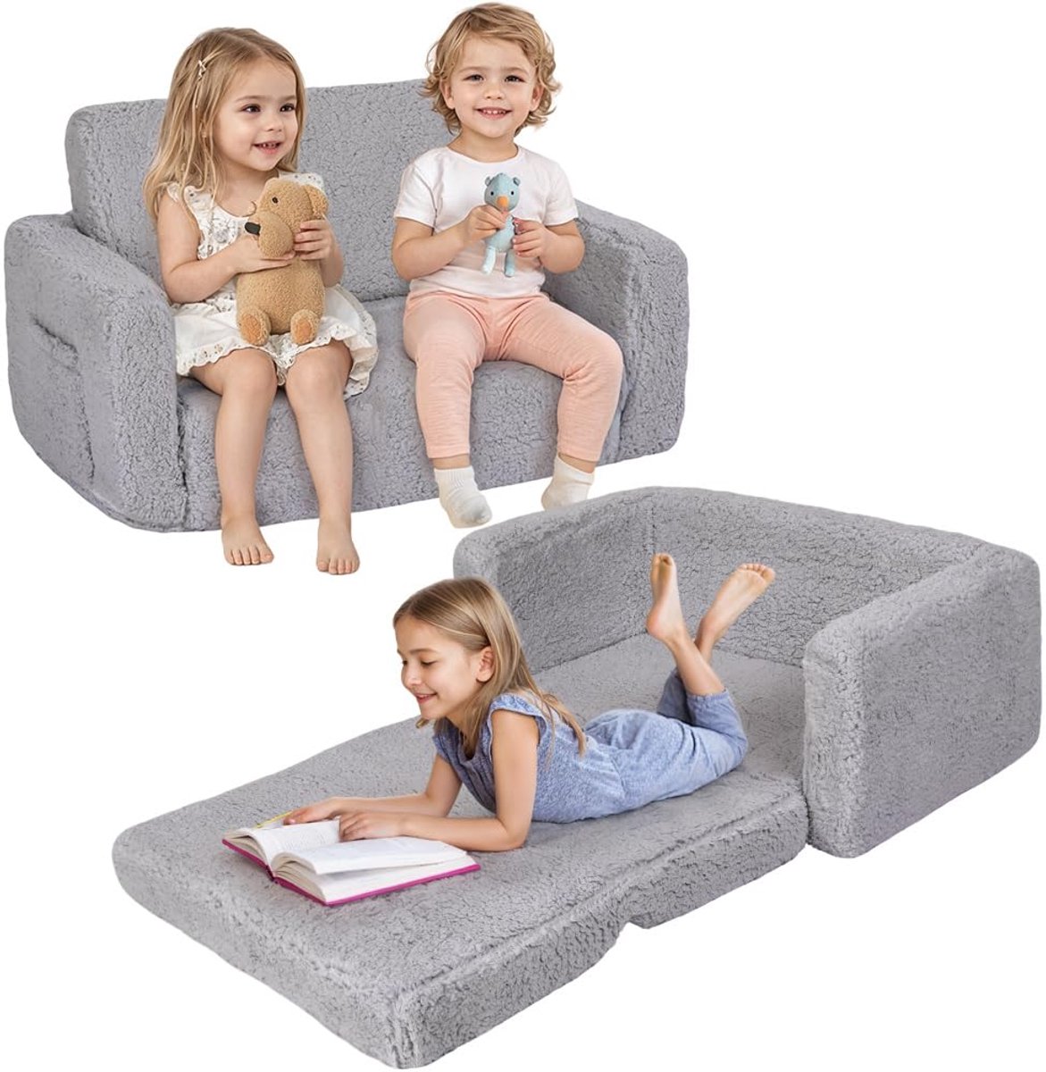 Uitklapbare 2-in-1 kinderbank en stoel - grijs - veelzijdig ontwerp - ideaal voor kleine ruimtes - ShopVlot