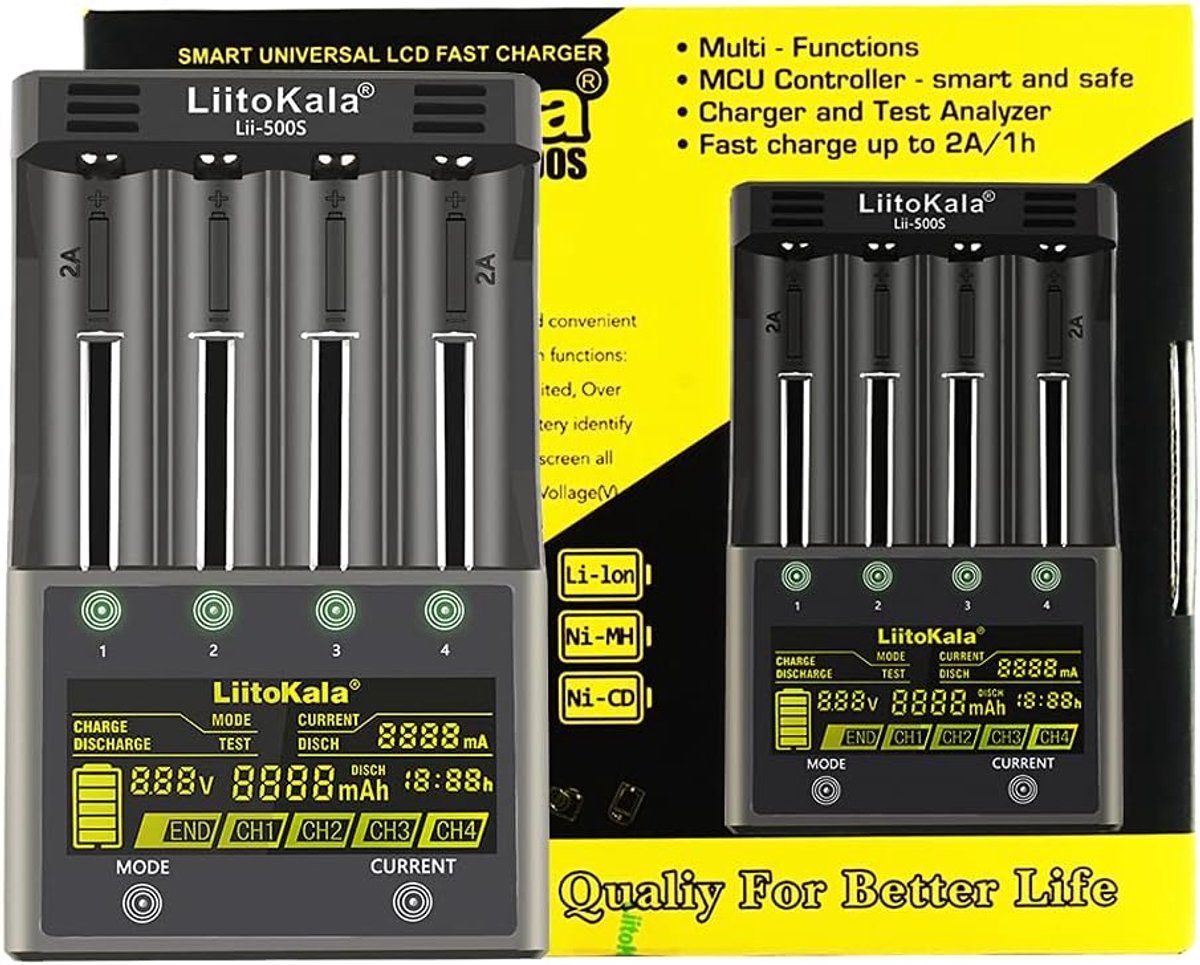 Batterijlader 4 Bay - LCD Touch Display - Ondersteunt USB-uitgang - Geschikt voor diverse accu's - ShopVlot