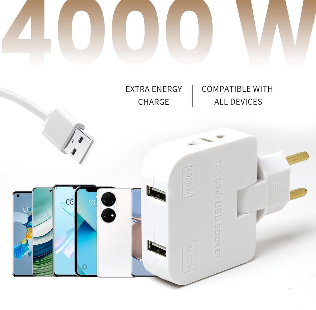 Stekkerdoos met 180° draaibare kop - 4 stopcontacten en 2 USB-poorten - compact ontwerp - ideaal voor opladen - ShopVlot