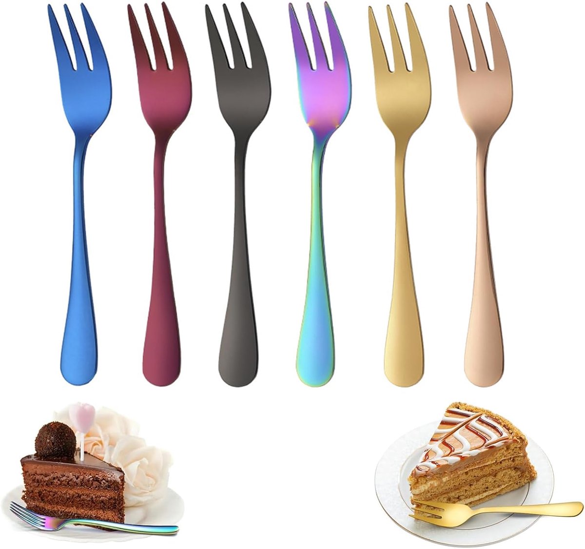 Cakevorkjes set van 6 - 14cm roestvrij staal - in 6 gemengde kleuren - ideaal voor desserts - ShopVlot