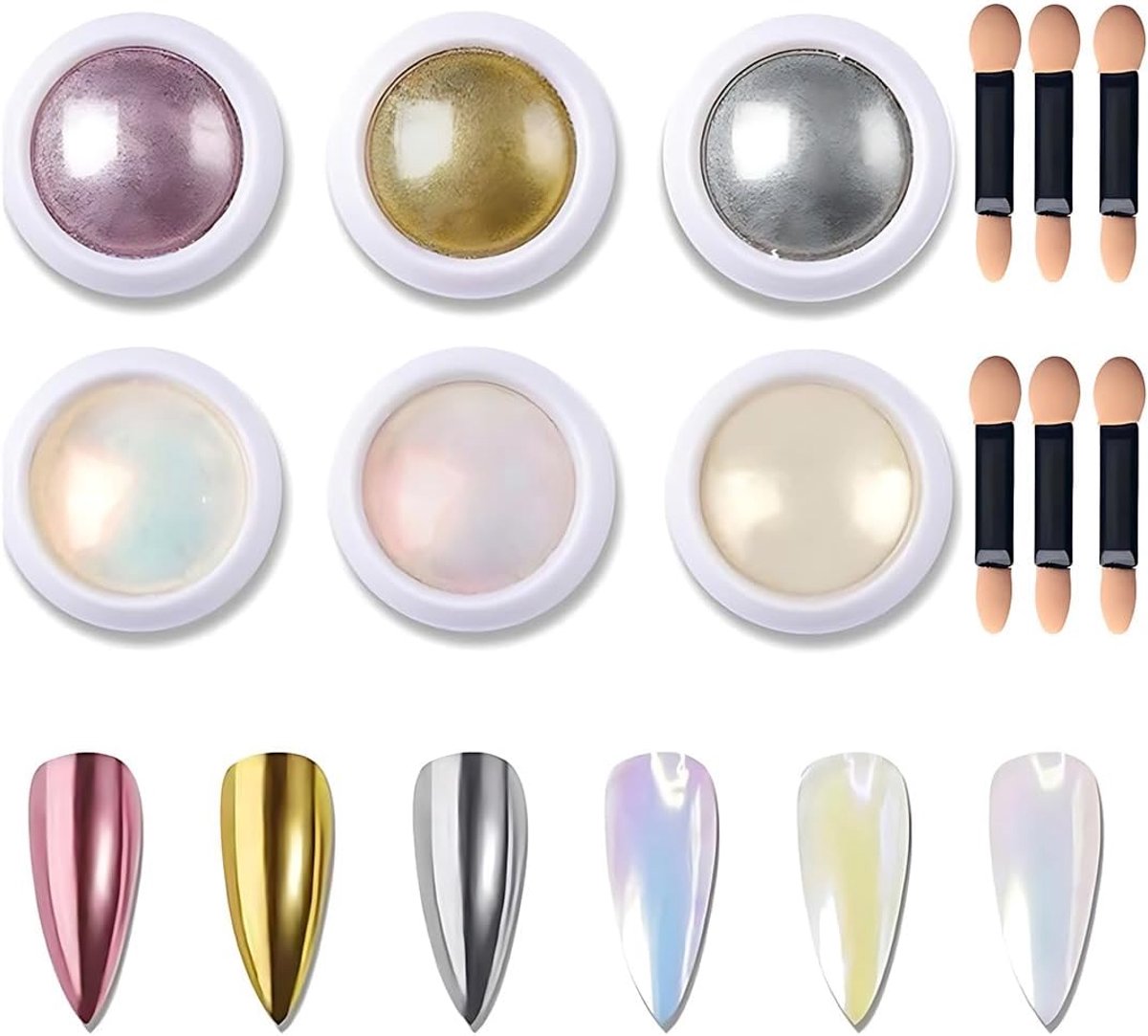 Nagelpoeder 6-delig - chroom en metallic - spiegeleffect - voor creatieve nagelkunst - ShopVlot