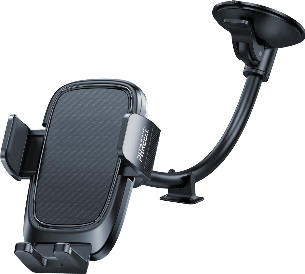 Phreeze C12L - Telefoonhouder Auto Zuignap - Autohouder Telefoon - GSM Houder Auto - Voorruit + Dashboard - Lange Flexibele Arm - Trillingsvrij - Schokdempend - Universeel - Zwart