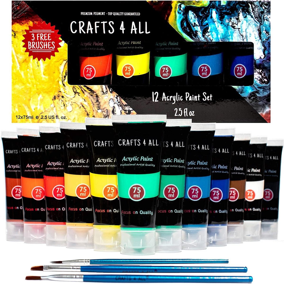 Acrylverf set 75ml - 12 levendige kleuren - met 3 bonuskwasten - ideaal voor schilderen op canvas en papier - ShopVlot