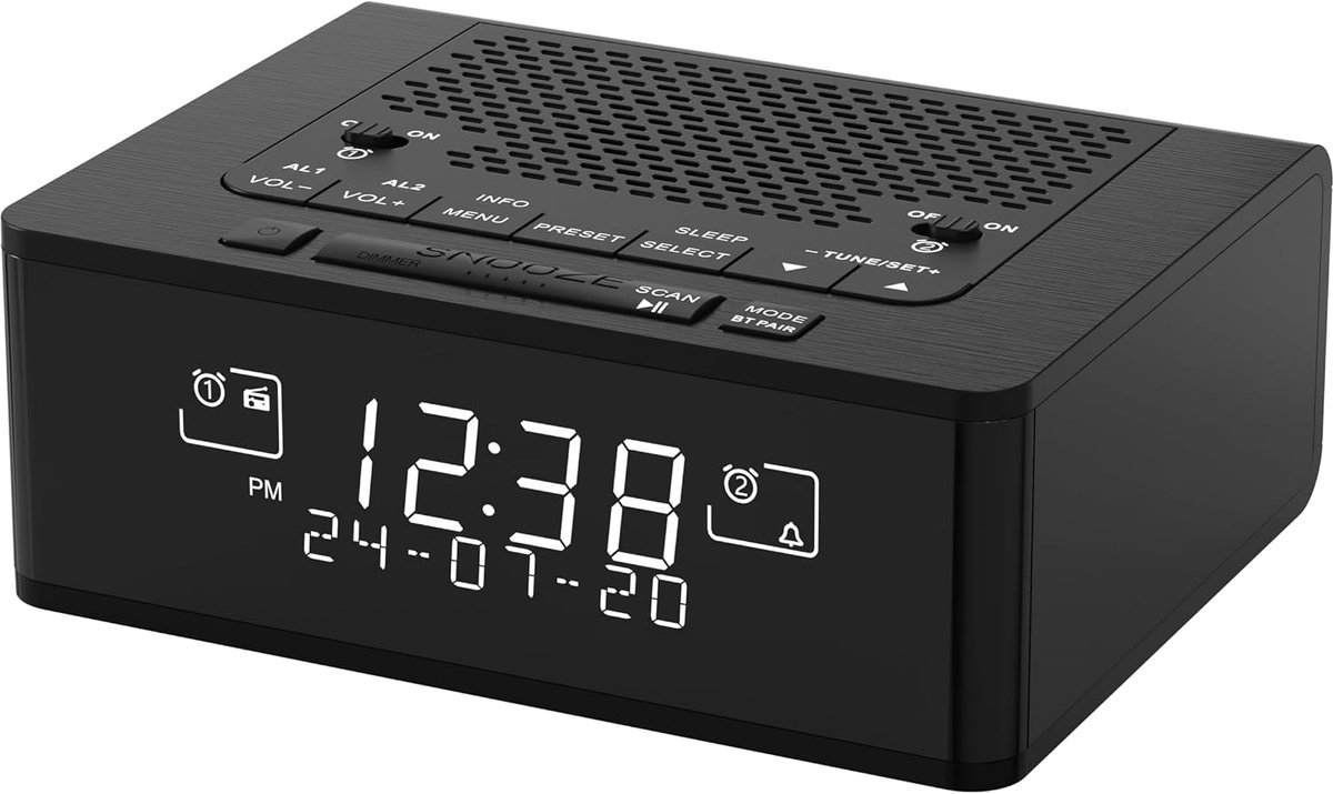 & FM-radiowekker met 40 voorkeuzezenders, dimbaar LCD-scherm, dubbele wekker met aan/uit-knop, snoozefunctie, Bluetooth iTOMA 525