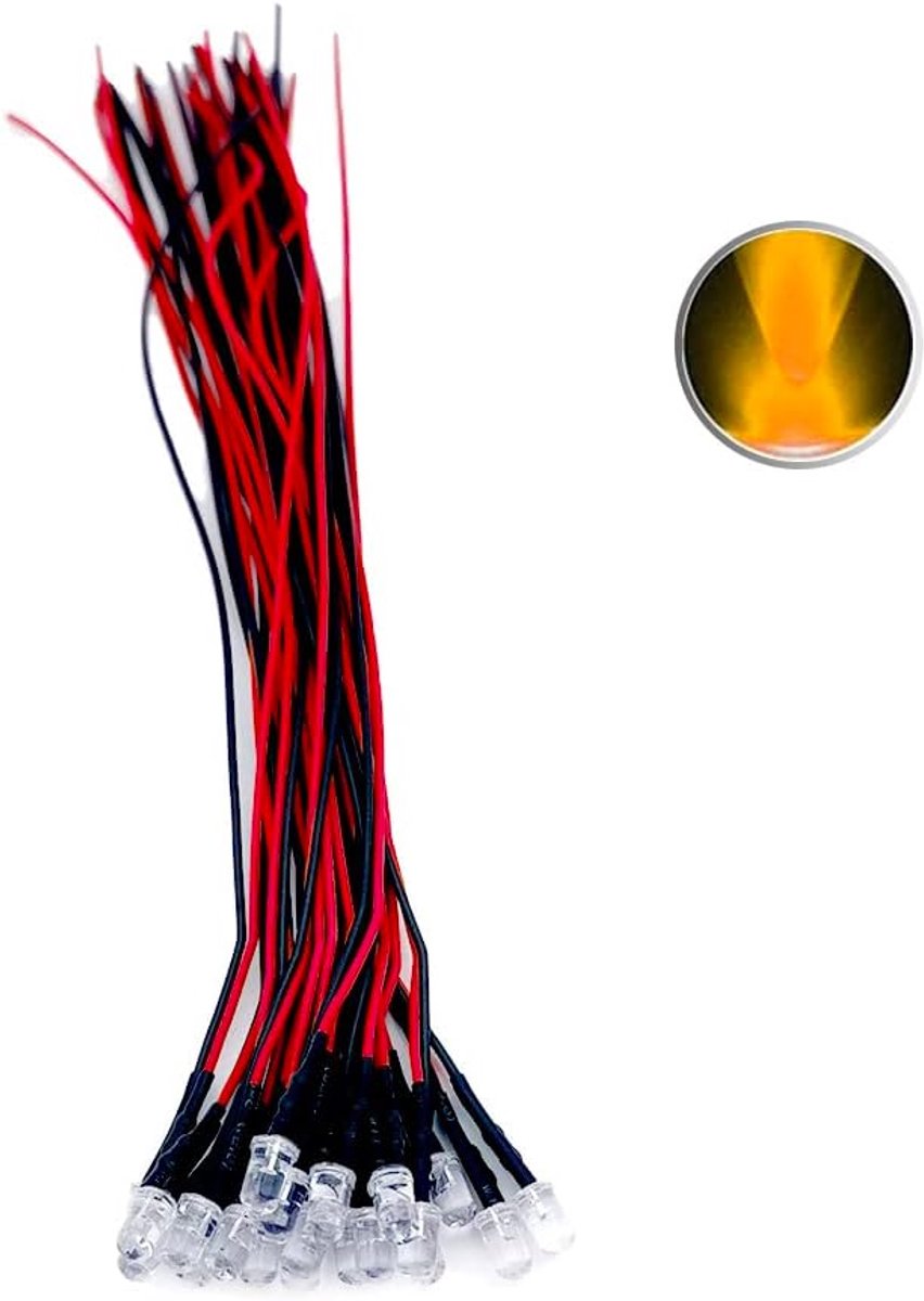 20 x 5 mm led-lampjes met kabel van 20 cm, 12 volt DC, voorbedraad (geel)