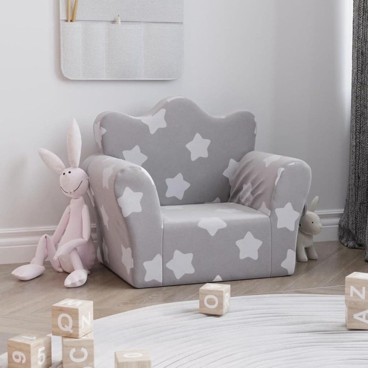 Kinderbank, lichtgrijs met sterren, zacht pluche, kinderbank, mini-sofa, leesbank voor kinderkamer, speelkamer, logeerkamer, slaapkamer, 357040