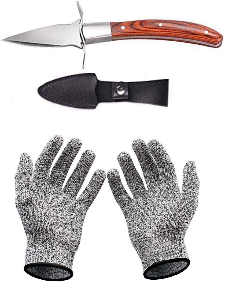 Oestermes en snijbestendige handschoenen, oesteropener, beschermende handschoenen voor schelpen of harde kaas, oestermes (keuken, tuinieren, doe-het-zelf) (bruin, groot)