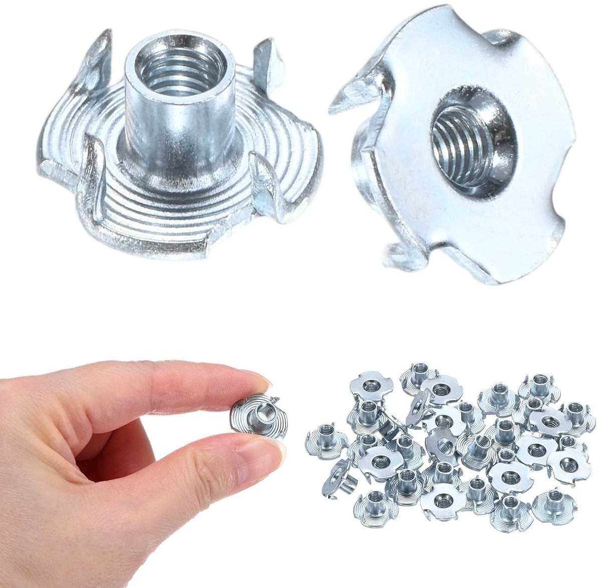 METERXITY 50 stuks M5 x 8 mm T-noot, koolstofstaal 4 klauwen schroefdraad inzetstuk voor hout/klimcontact/meubels, corrosiebestendige bevestigingen