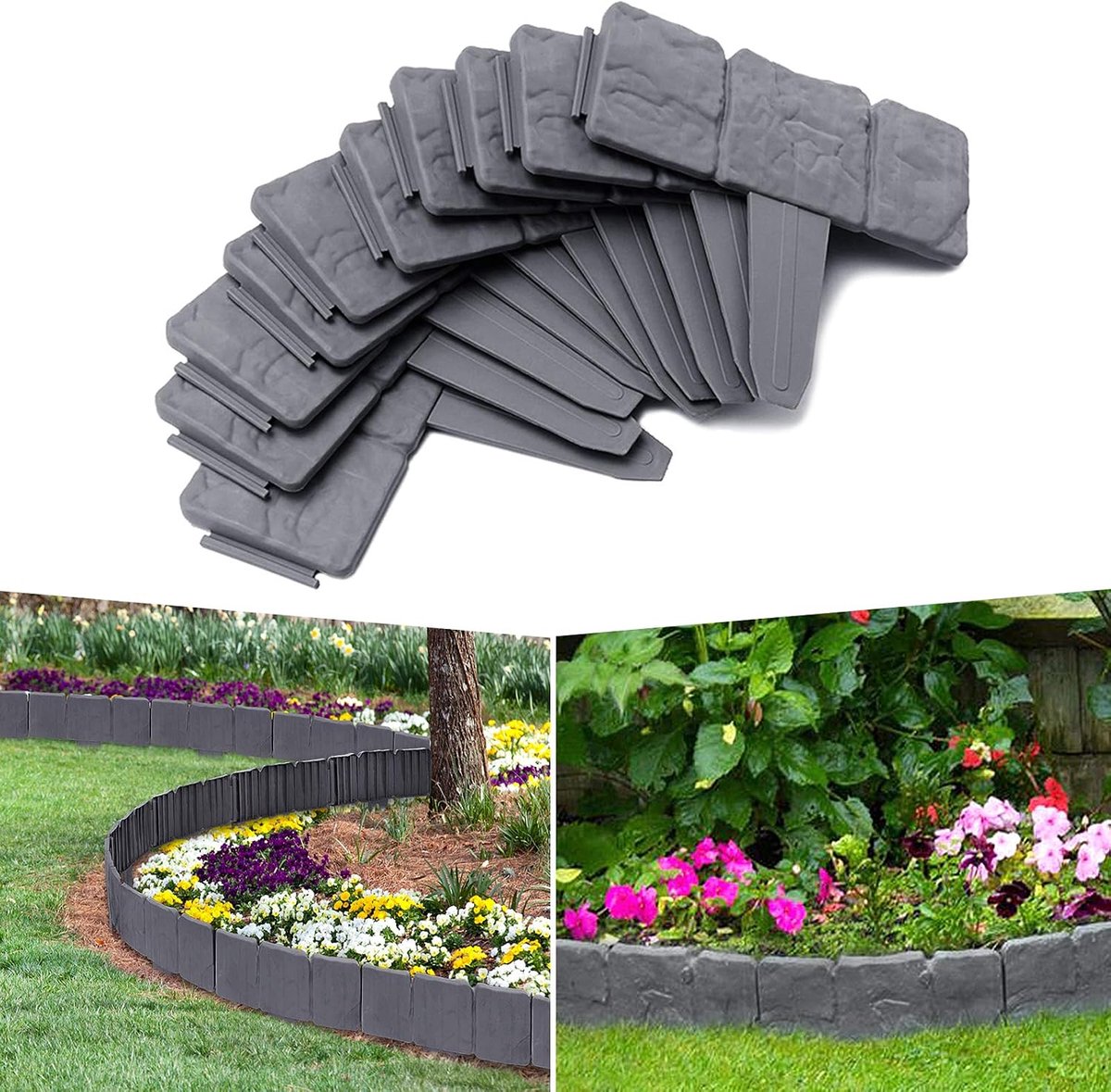 Palissade, 1000 cm, antraciet met steenpatroon, gazonrand, tuinpalissade van kunststof, bloembedomranding, tuinrandrand voor tuinhek, balkon, terras, gazon
