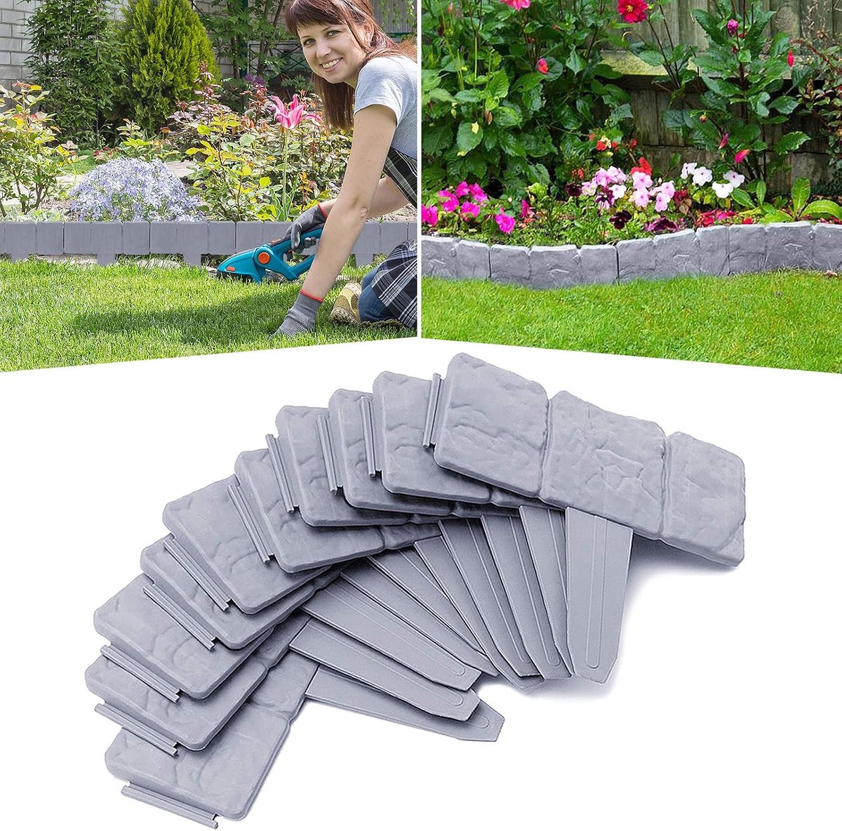 10 m palissade grijs met steenpatroon bloembedrand gazonrand tuinpalissade van kunststof perkrand tuinrand 1 element B x H x D: 25 x 23 x 1 cm