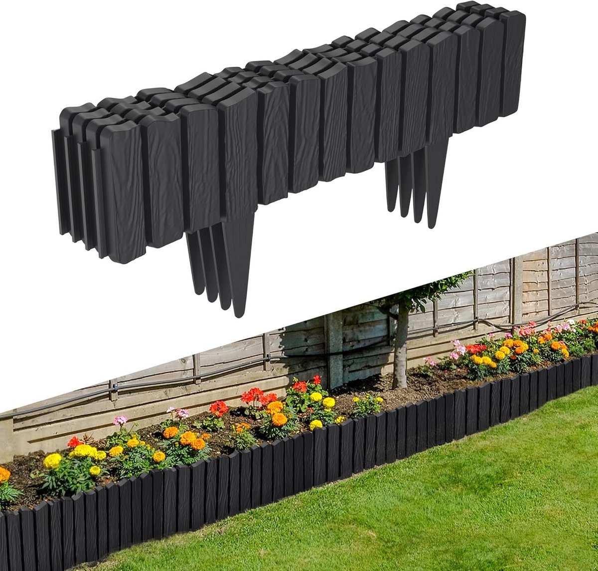 Gazonrand van kunststof, houtlook, antraciet, 2,3 m, tuinpalissade, maairand met grondpen, flexibele bloembed, gazonbegrenzing, uv-bestendig en weerbestendig