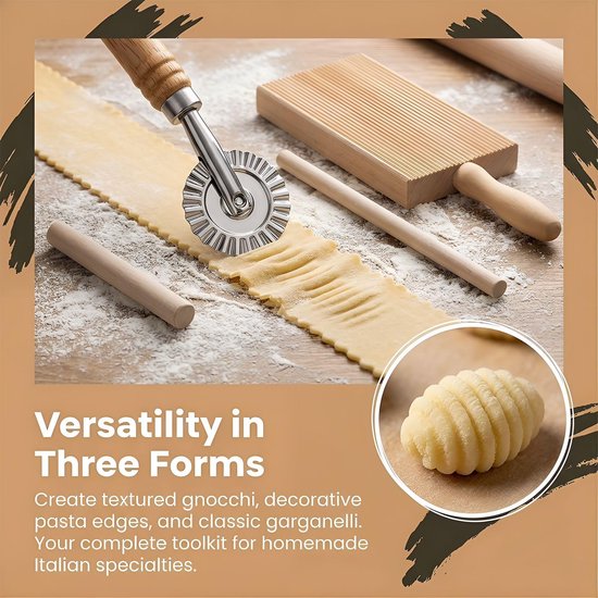 3 stuks gnocchi plank hout, gnocchiplank met deegwiel en deegroller, pasta plank hout, ravioliplank, pastaplank voor het maken van macaroni, tortellini, gnocchi — afbeelding 2