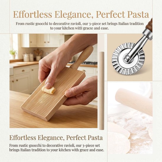 3 stuks gnocchi plank hout, gnocchiplank met deegwiel en deegroller, pasta plank hout, ravioliplank, pastaplank voor het maken van macaroni, tortellini, gnocchi — afbeelding 3