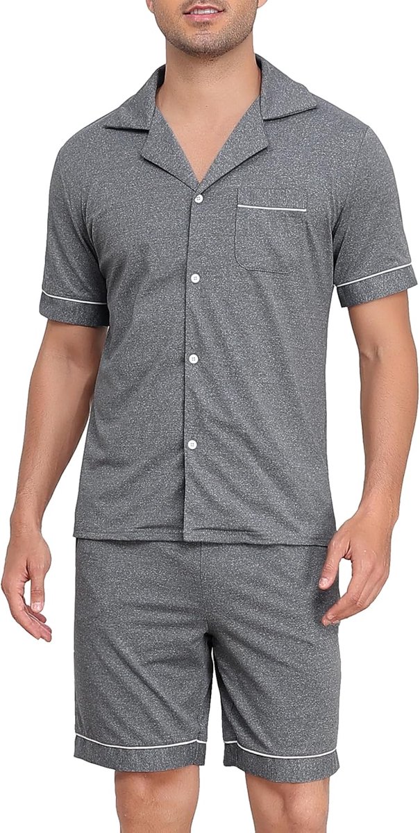 Zomerpyjama voor heren, korte tweedelige pyjama voor heren, katoen, met knopen aan de voorkant en korte mouwen, nachtkleding met zakken, trekkoord
