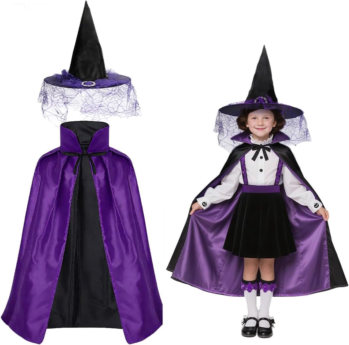 Heksenkostuum voor kinderen, Halloween-kostuum, heksenhoed voor meisjes, heksencape voor kinderen, tweekleurig, binnen en buiten, draagbaar, voor Halloween en carnaval, cosplay, themafeest