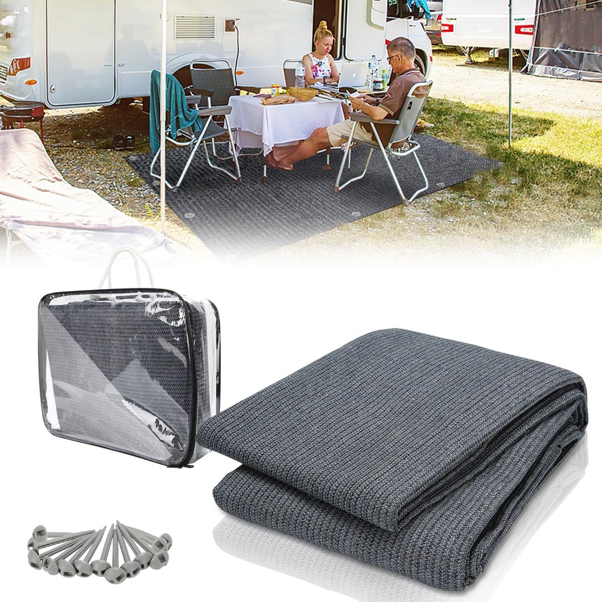 Voortenttapijt, luifeltapijt, hoogwaardig campingtapijt, ademend, antislip, blauwgrijs, outdoor campingmat met 12 gaten, 13 haringen en draagtas