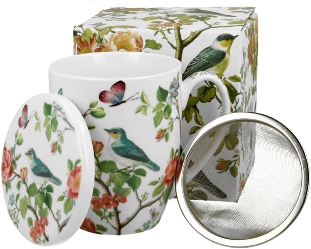 Theemok met zeef en deksel Birds on a Branch van New Bone China porselein - 0,35l