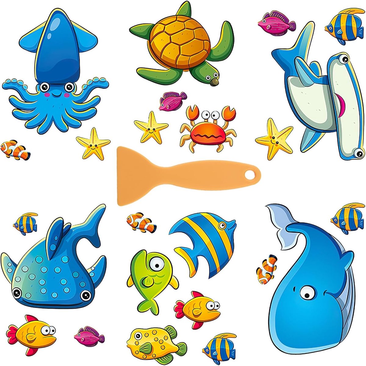 Badkuipstickerset voor kinderen met zeemotief, antislipbadkuipstickers, zelfklevende stickers, antislip- en huidvriendelijk, inclusief siliconenschraper
