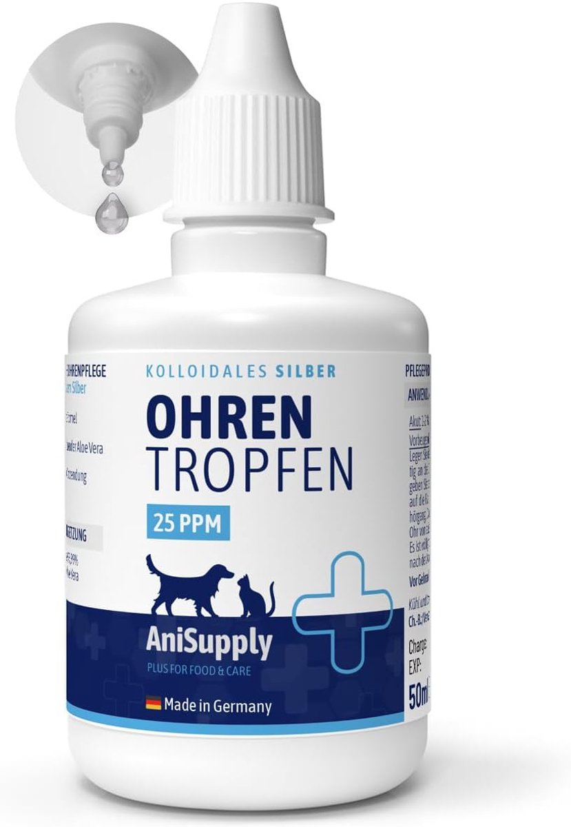 Oordruppels voor honden en katten 25 ppm - met colloïdaal zilver - bij oorontstekingen - gezonde oren - SnelShoppen