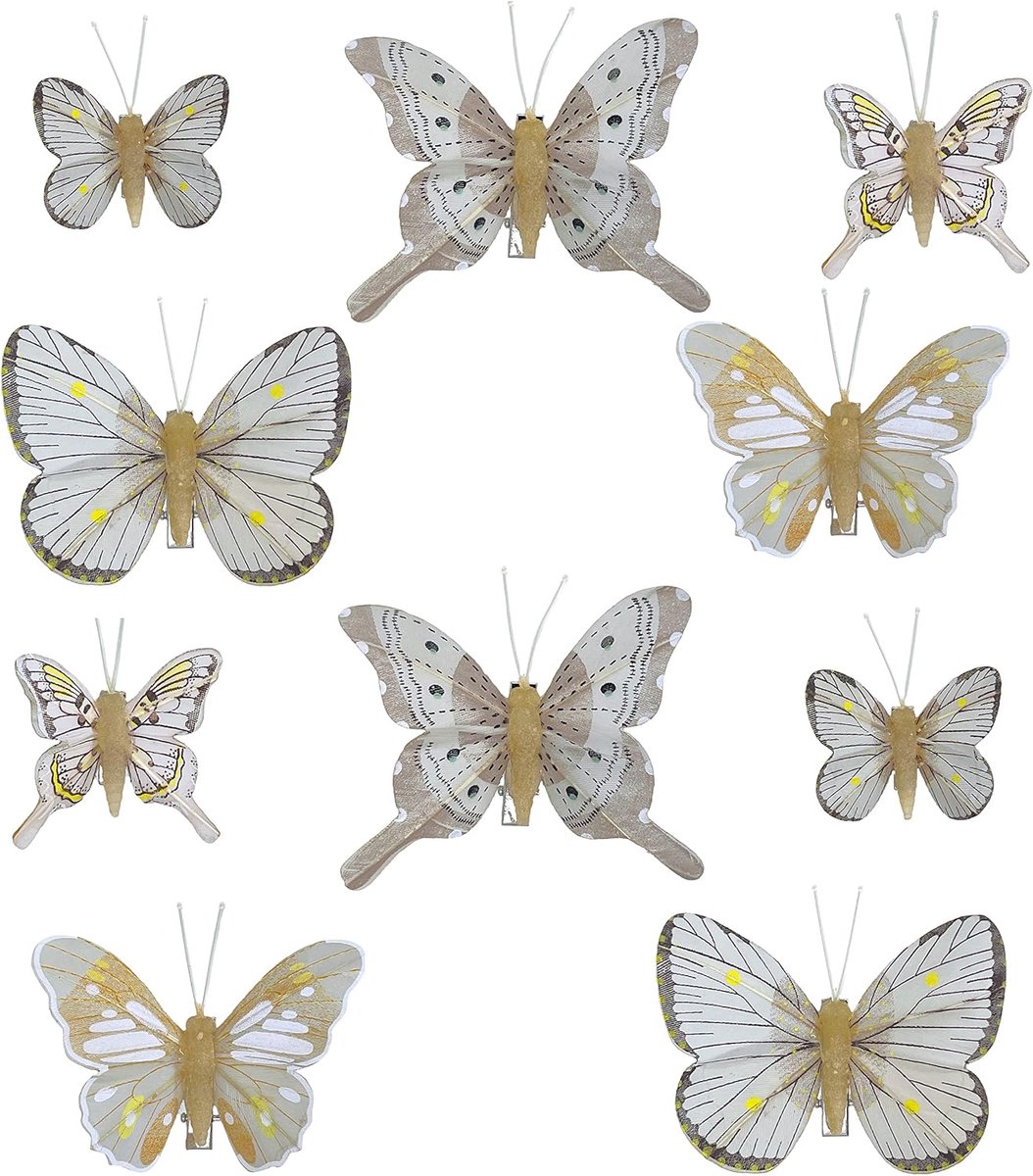 Decoratieve vlinders met klem - set van 10 - grijs-beige - stijlvol voor bloemen en gordijnen - SnelShoppen