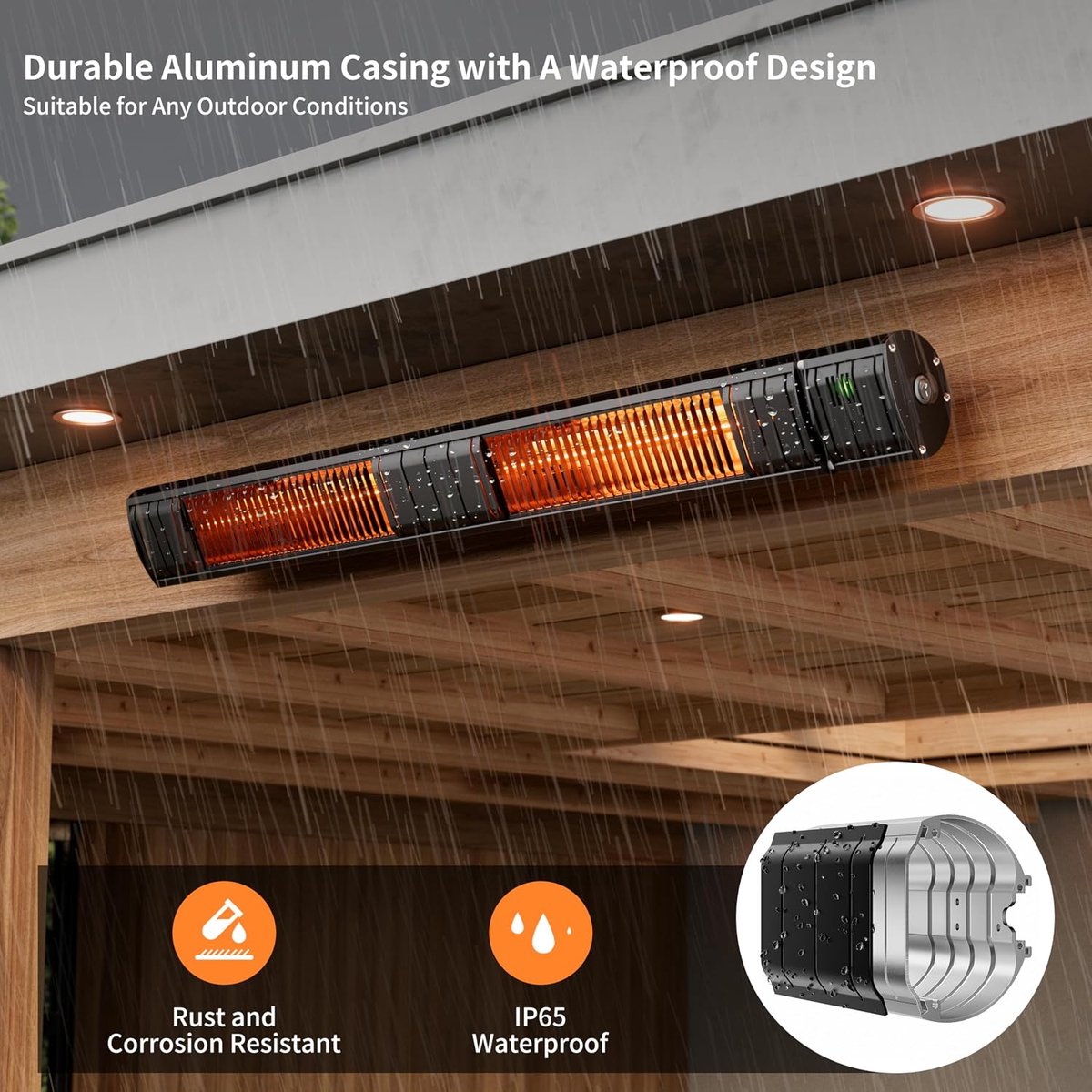 Terrasverwarmer, infraroodstraler, 3000 W, elektrische warmtestraler met 3 warmtestanden, wandmontage, IP65 waterdicht, infrarood terrasverwarming voor tuin, terras en balkon, zwart – foto 2