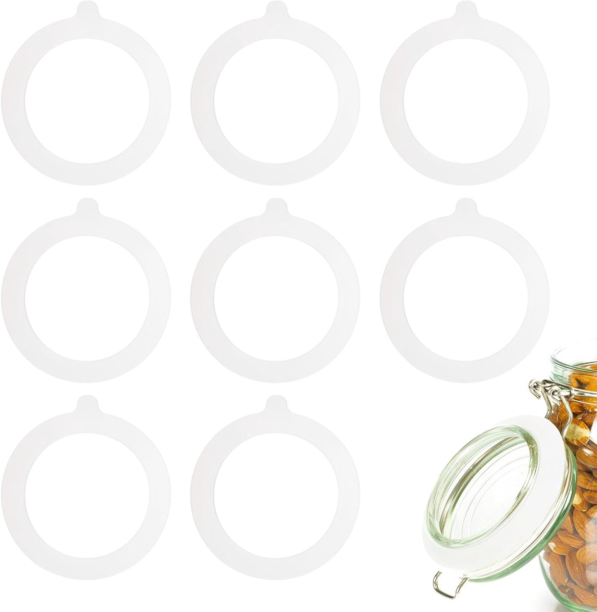 9 stuks siliconen reserveafdichtringen voor glazen glazen, 9 inch OD, siliconen afdichtringen, luchtdicht, lekvrij, inmaakglas-afdichtringen voor inmaakglas, glazen deksel, wit