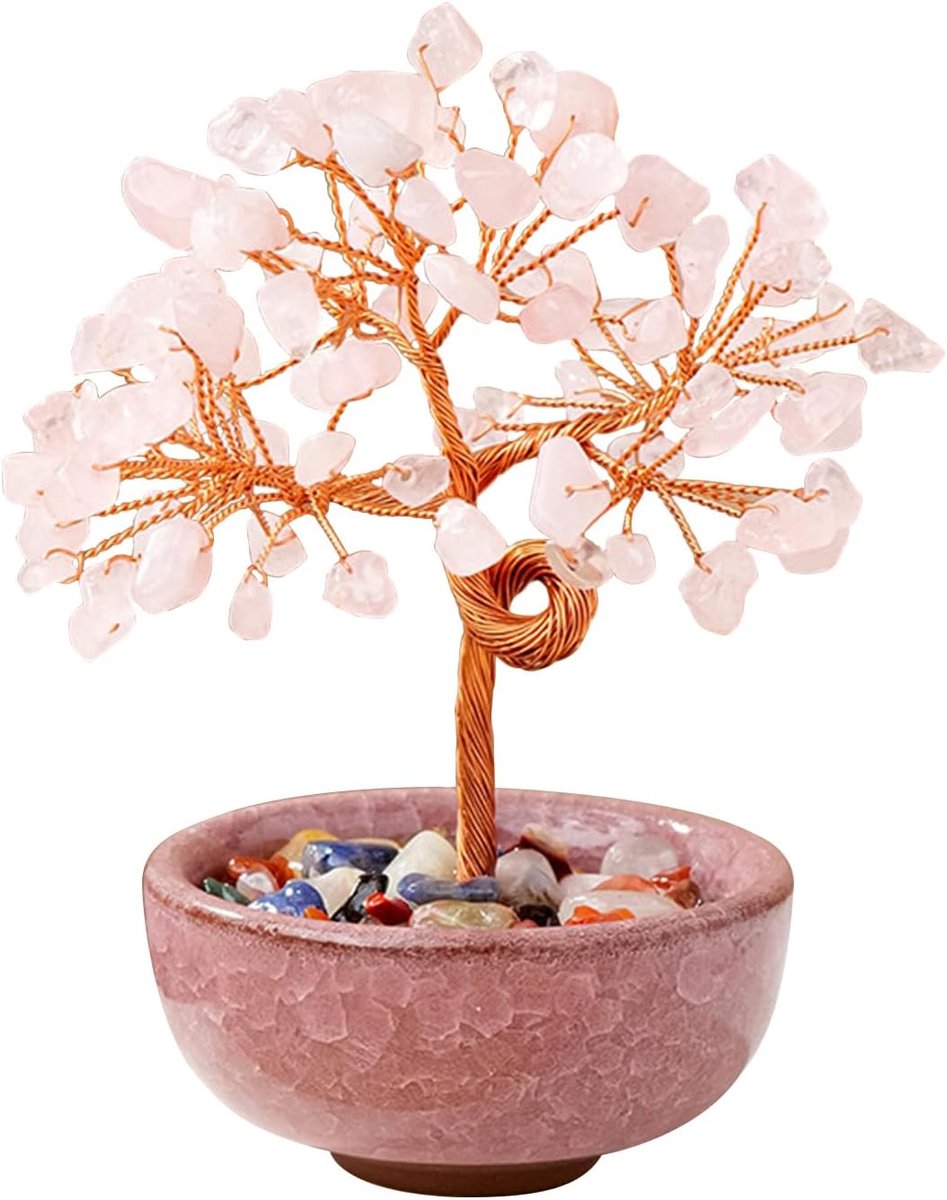 Levensboom Geldboom Feng Shui Decoratie 81-kristallen Edelsteenboom Stenen Schalen Met Sokkel Levensboom Kristal Voor Cadeau en Geluk（Roze）
