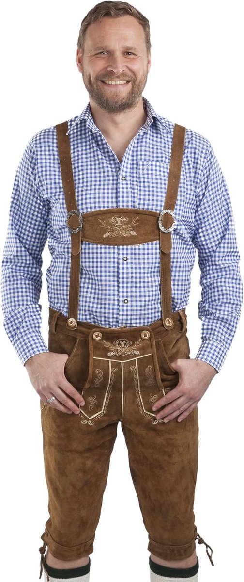 Broek voor heren, knieband, klederdrachtlederhose Hopfen und Malz, echt leer, kniebandlederhose incl. bretels