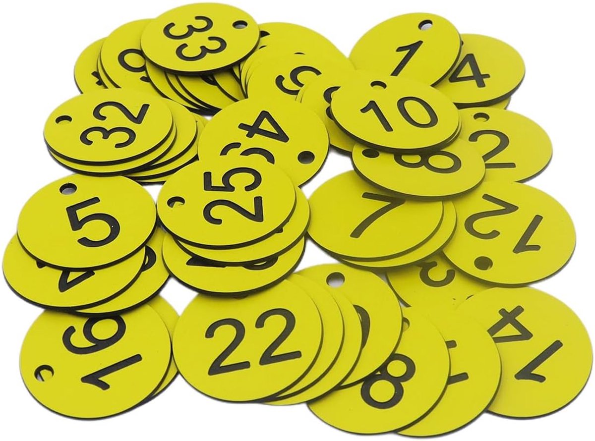 50 stuks genummerde plastic plaquette geschikt voor badhuis, openbaar badhuis, sauna, pittige hete pot, restaurant (1-50, geel)