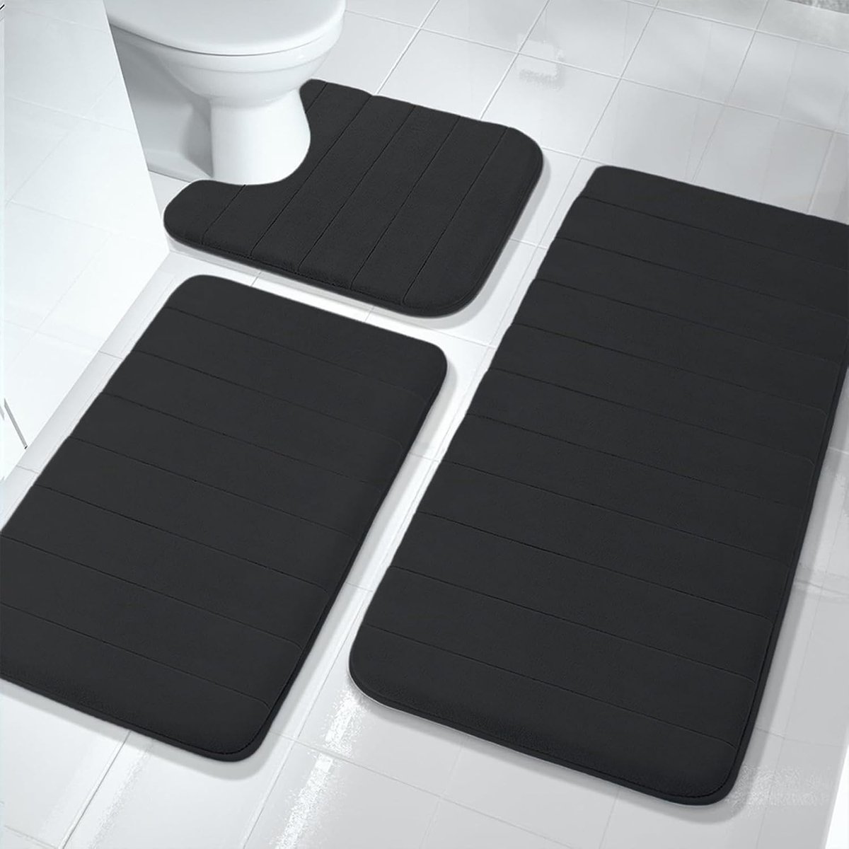 Badmatset, 3-delig, van traagschuim, wasbaar, zacht en sneldrogend, antislip en absorberend, voor douche, toilet en badkuip (zwart)