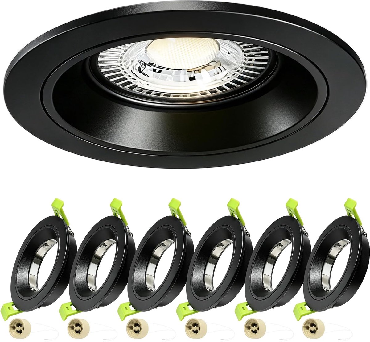 Inbouwframe 6 Stuks, Aluminium Inbouwring met GU10 Fitting, Plat Spotframe, Lichtbron Niet Inbegrepen, Zaagmaat Ø75 mm, Geschikt voor Badkamer, Keuken en Woonkamer, Zwart