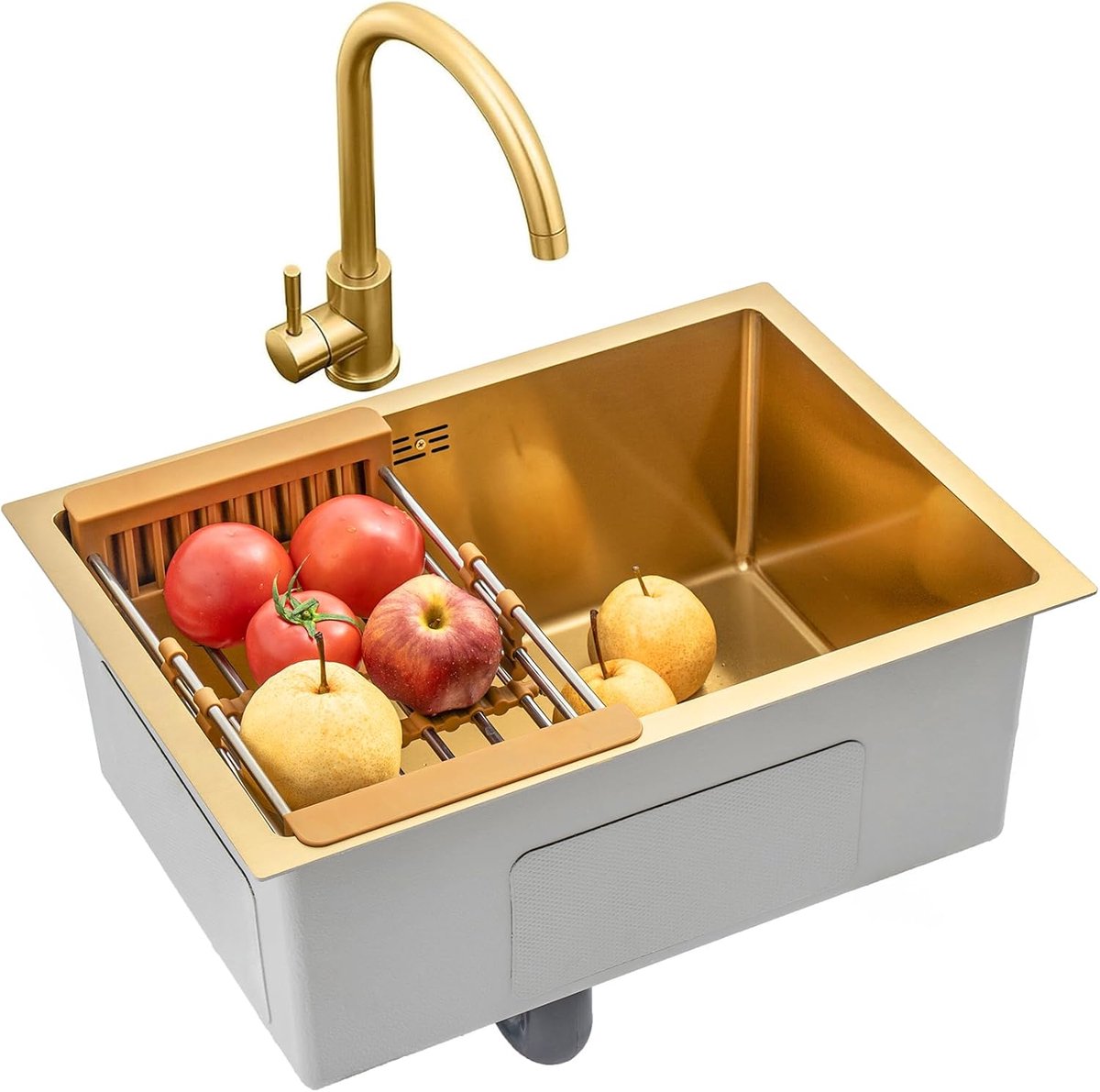 Enkele Spoelbak In Geborsteld Goud Roestvrijstalen Aanrecht Vierkant Verzonken Of Onderbouw Aanrecht Met Kraan En Afvoer (Color : Gold, Size : 55×40cm)