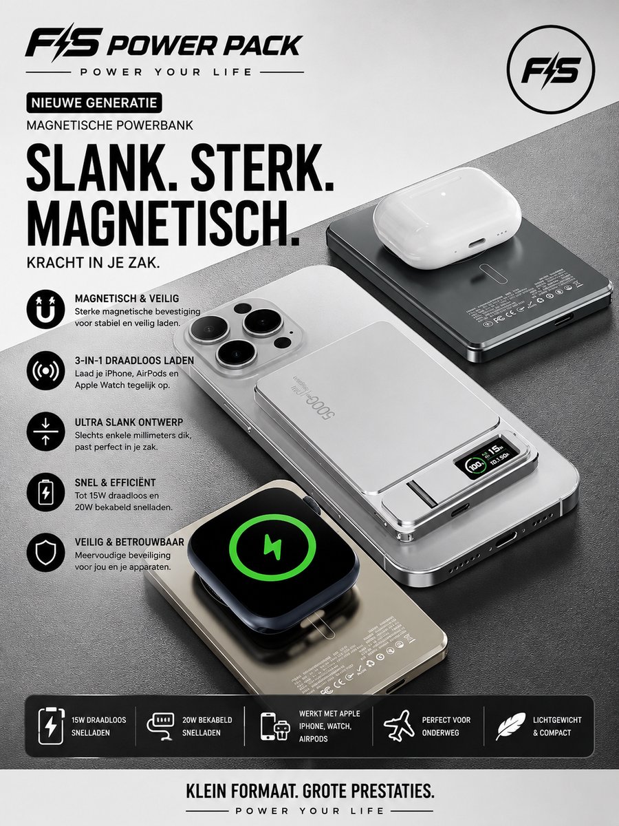 Ultra Slank Aluminium Magnetische Draadloze Powerbank 5000mAh / 10000mAh –Snellader-Fast Charging, Led Display, Portable, Ultra Slim 22.5W Snelladen – 15W MagSafe Draadloos – FS Power Pack Aluminium – Telefoonstandaard – LED Display – Oranje/Zilver — cadeau in Elektronica - foto 5