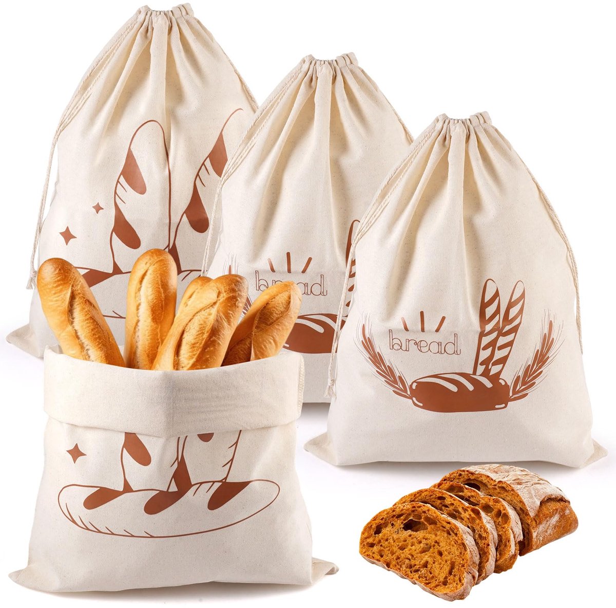 Broodzakken 38 x 31cm - katoen met binnenmateriaal - ideaal voor vers brood - 4 stuks - ShopVlot