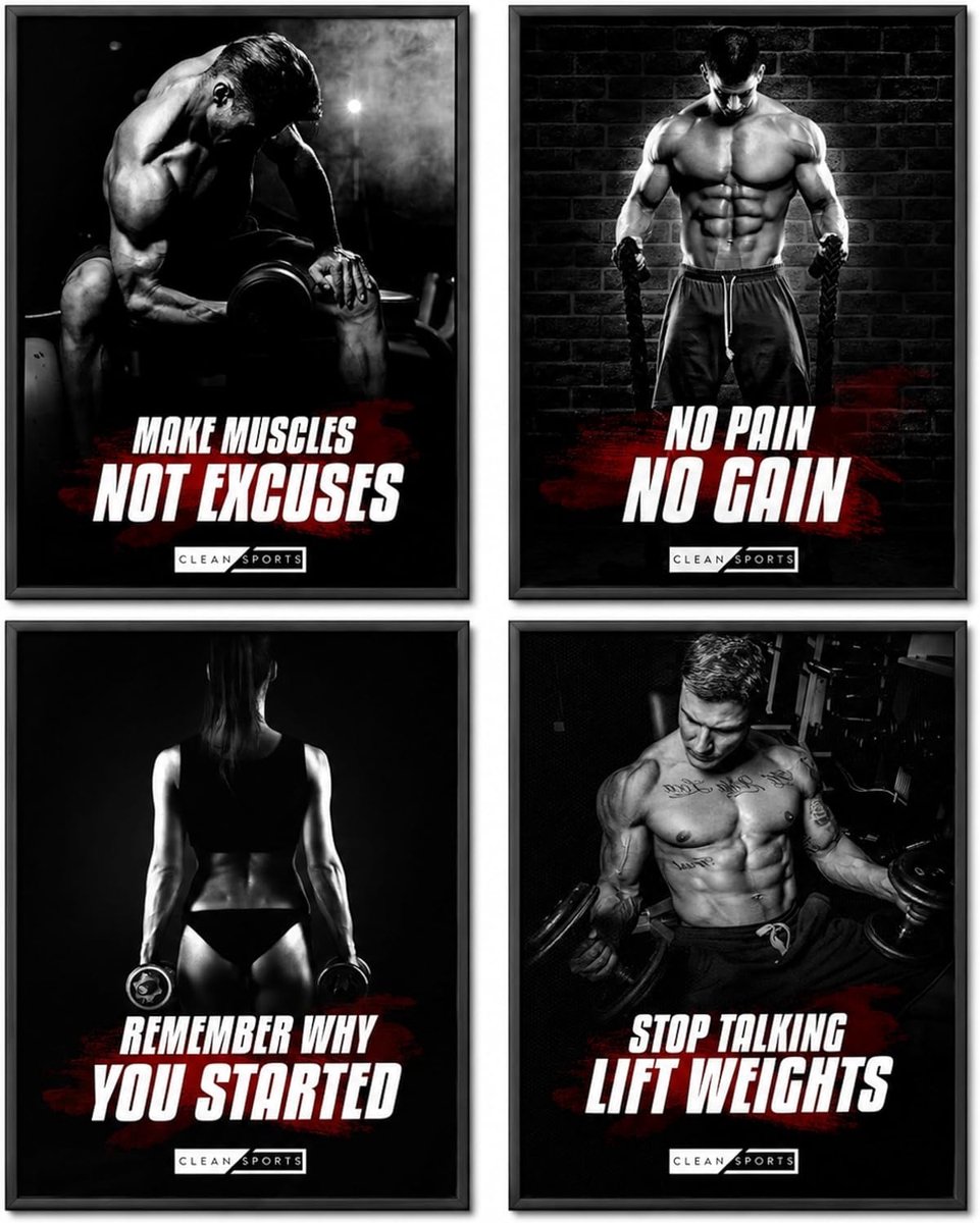 Fitness poster set van 4 - A2 formaat - moderne motivatiefoto's - ideale decoratie voor gym - ShopVlot