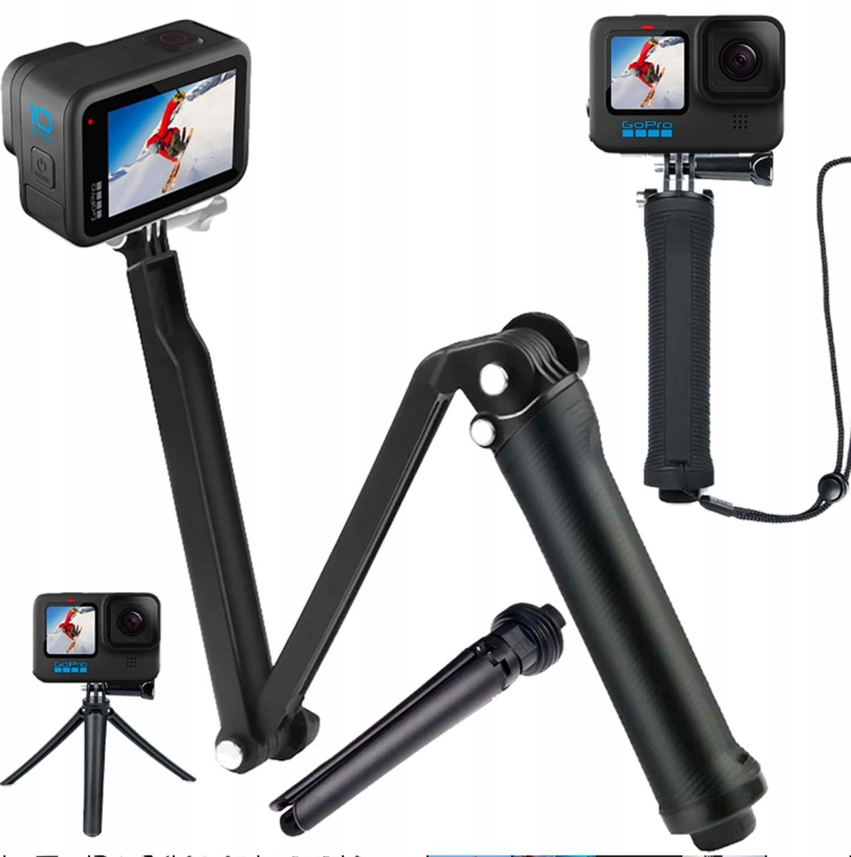 Merkloze 3-in-1 Selfie Stick, Statief & Handvat voor Actiecamera's