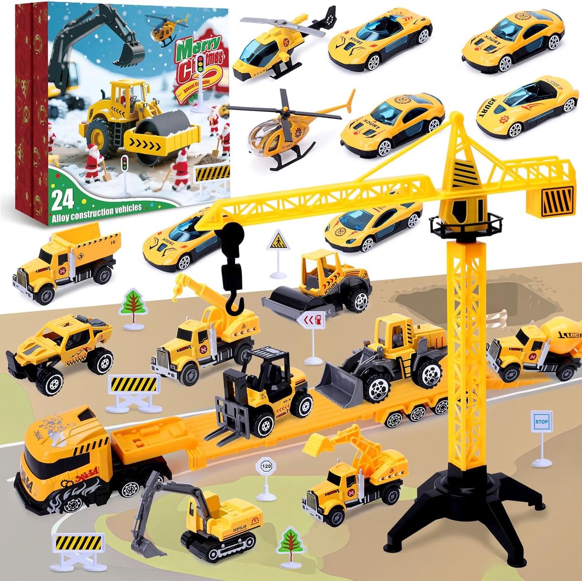 Adventskalender kinderen - bouwvoertuigen - 24 dagen verrassingen - leer en speel met constructie - ShopVlot