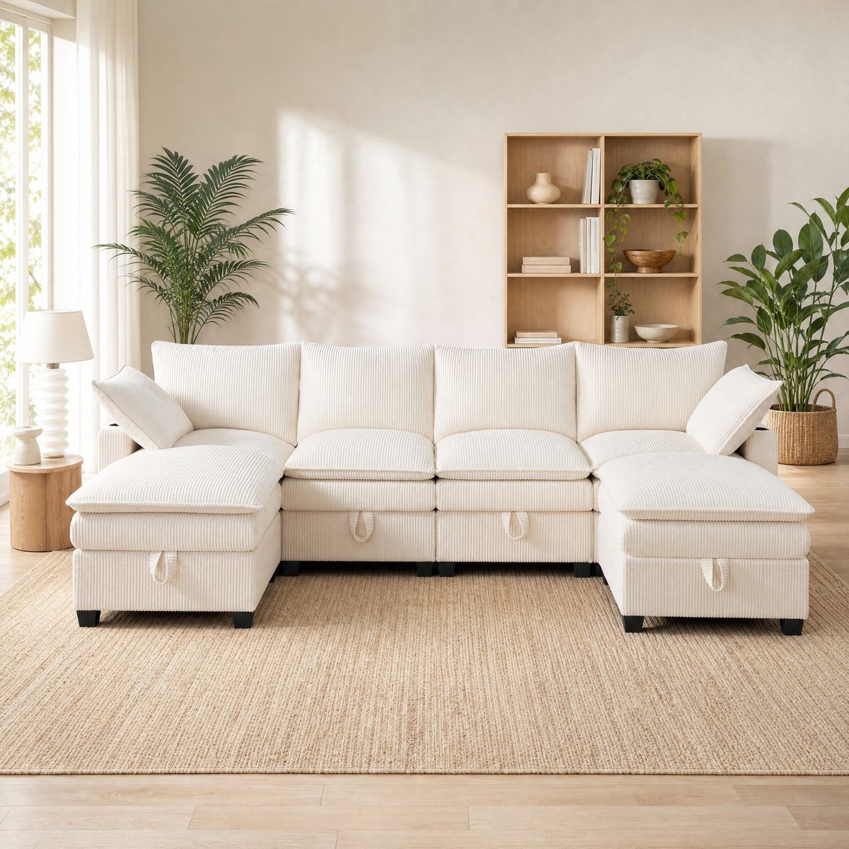 MEUNIQ U-bank 6-zits 280 x 152 x 83 cm met opbergruimte, USB-aansluitingen, bekerhouders en 2 kussens voor de woonkamer, beige ribfluweel