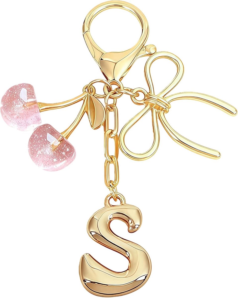 Tasbedeltjes Roze Kersen Sleutelhanger - Met S Letter - Designer Tasaccessoire - Persoonlijke Touch Voor Dames - ShopVlot