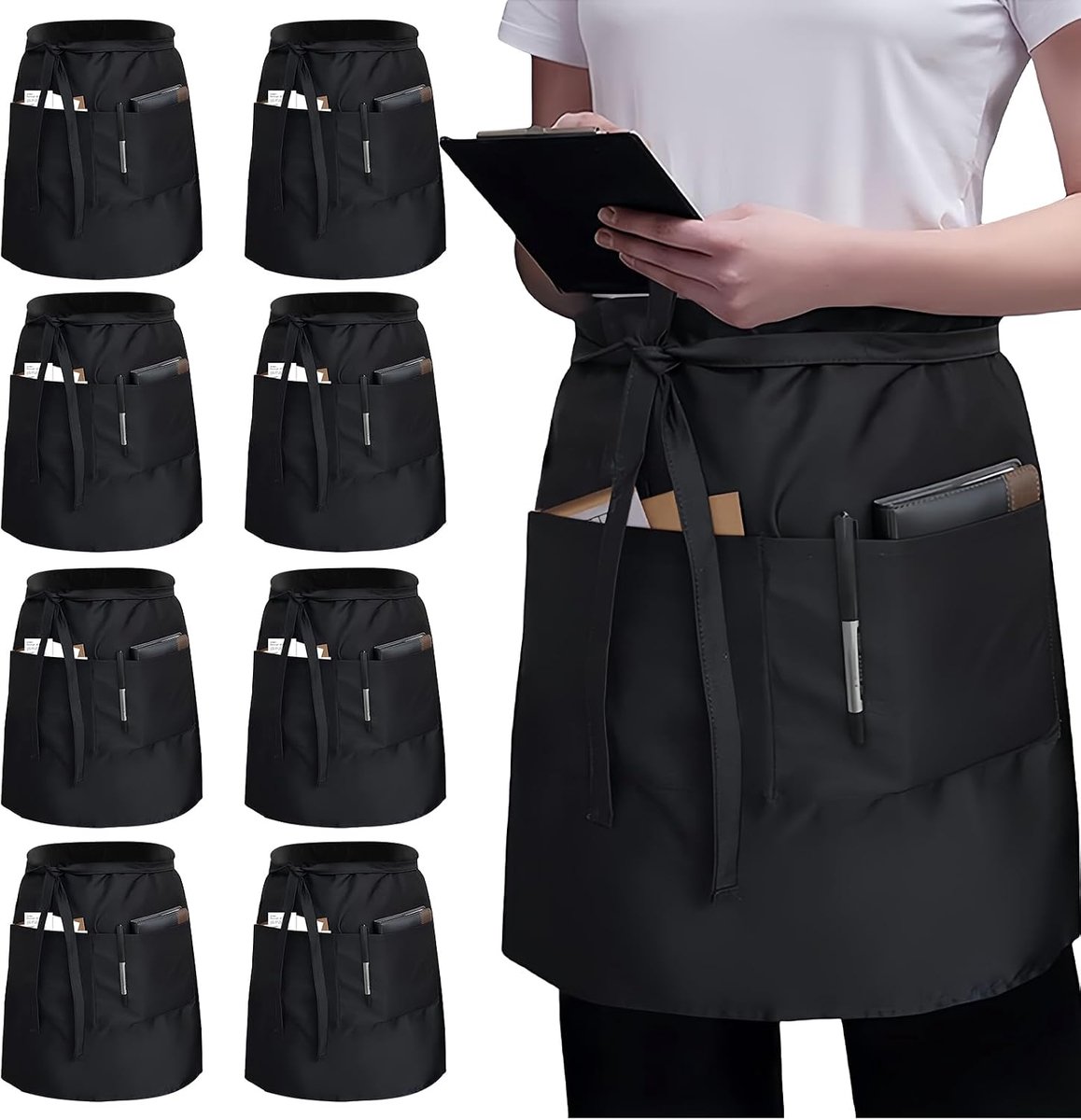 Keuken Schort Zwart 55 x 86 cm - Korte Schort met 3 Zakjes - Ideaal voor Koks en Bedienend Personeel - ShopVlot