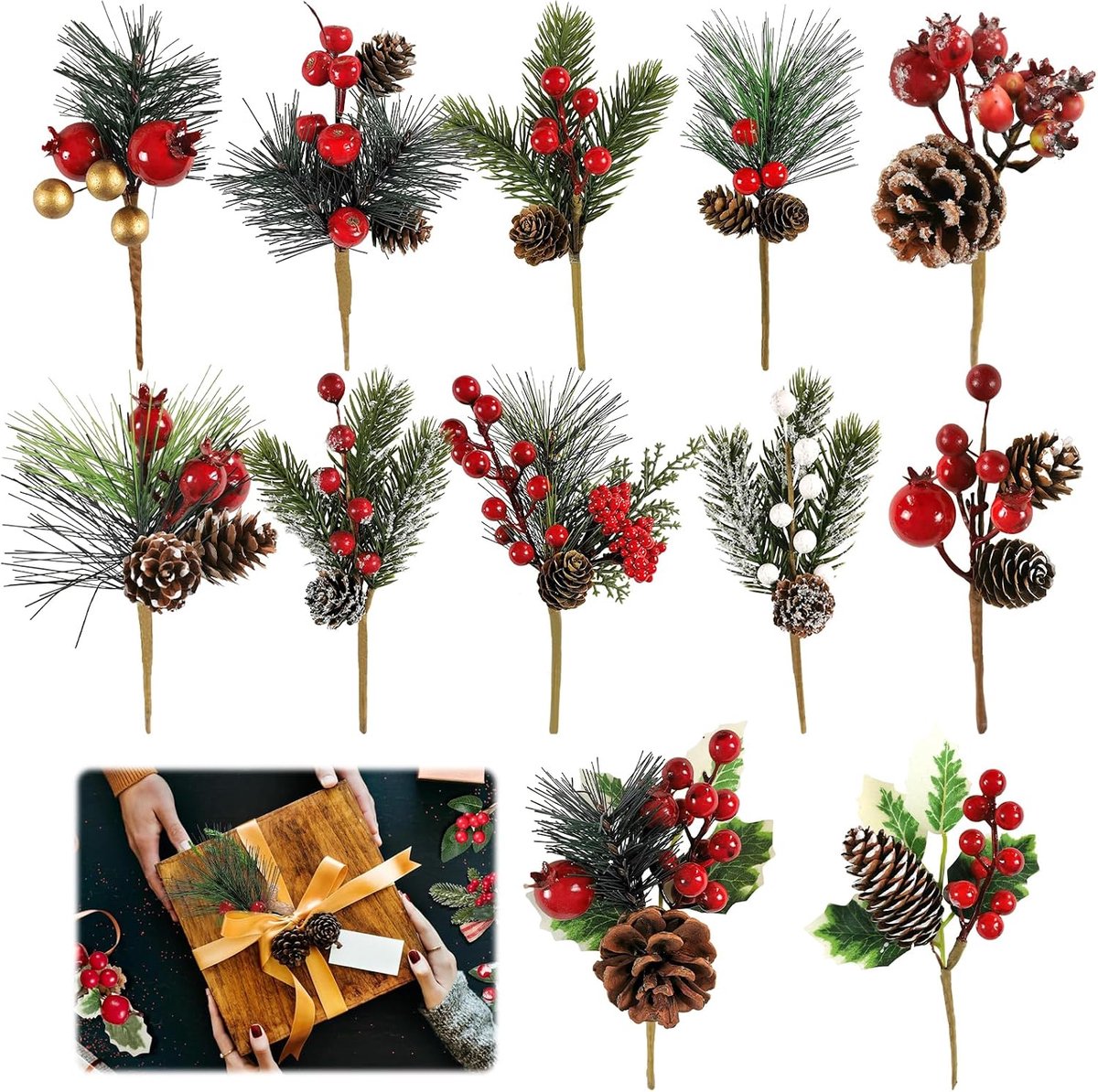 Kunstmatige bessen takken - 12 stuks - rode bessen met dennen takken - perfect voor kerstdecoratie - ShopVlot