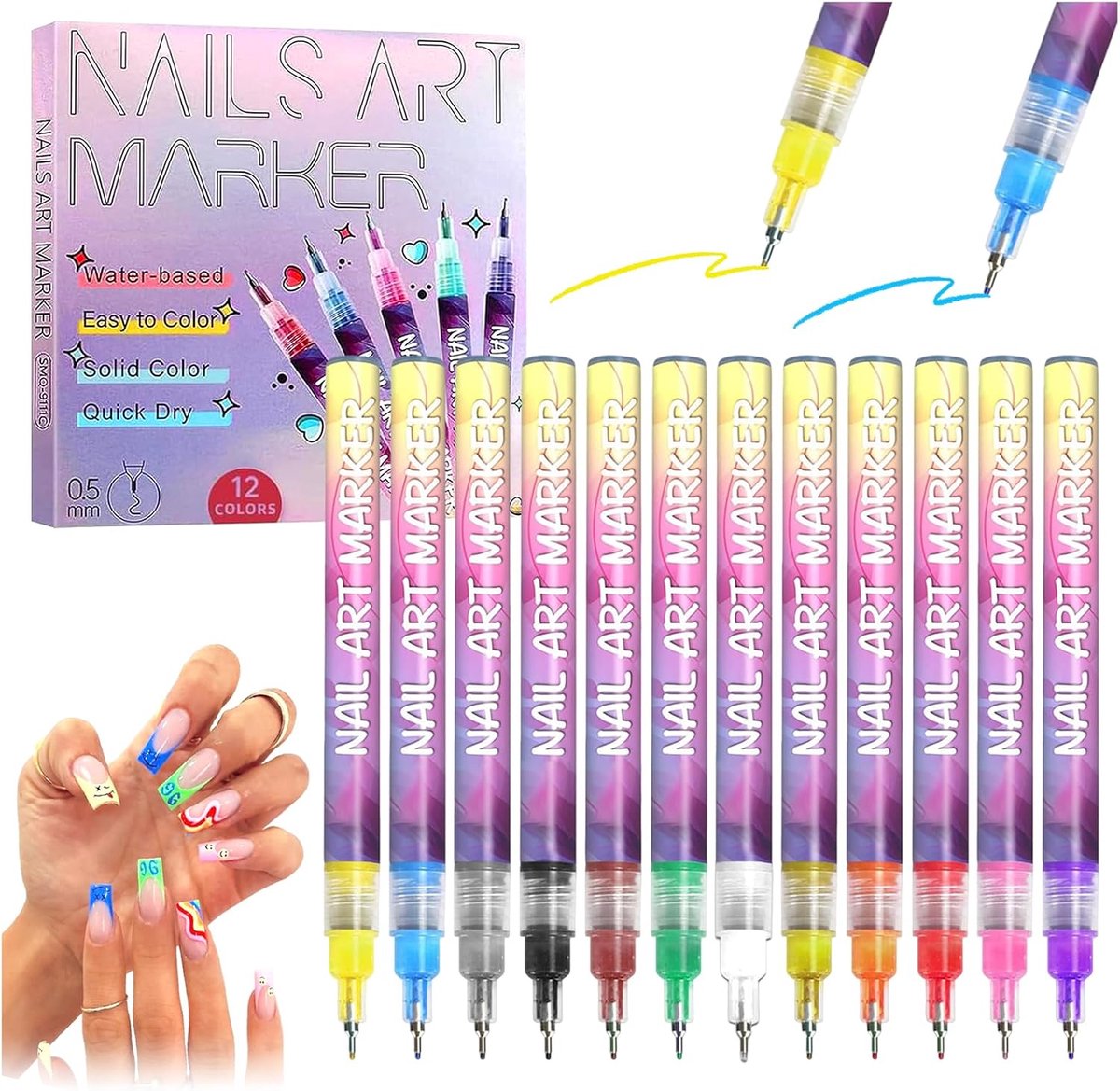 Nail Art Pens 12 Kleuren - 0.5mm Ultra-Fijne Punt - Waterdicht en Sneldrogend - Creëer Prachtige Nagelontwerpen - ShopVlot